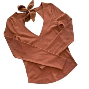 Free People Terracotta Taupe V-Neck Tie Back Bow Long Sleeves Top Size XS